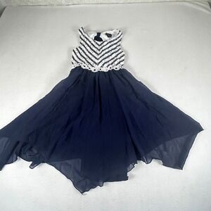 Lilt Girls Navy Blue White Chevron Lace Handkerchief Hem Party Dress Size 7